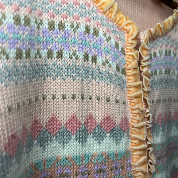 Vintage Liz Claiborne Women’s L Cardigan Peach Pink Velvet Ruffle Boarder - Picture 3 of 8